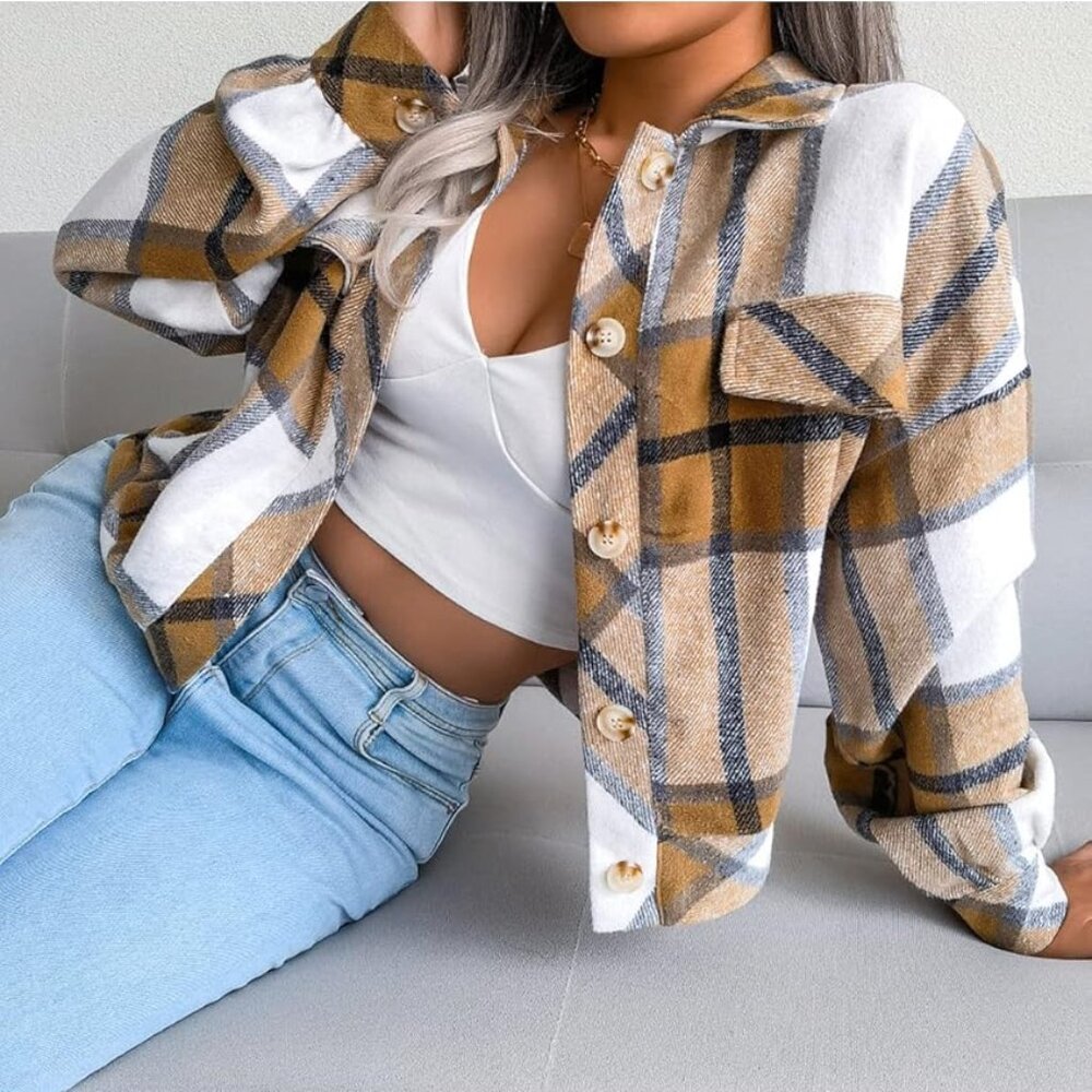 Women's S Khaki Plaid Shacket Casual Long Sleeve Button Down Shirt Wool Blend To